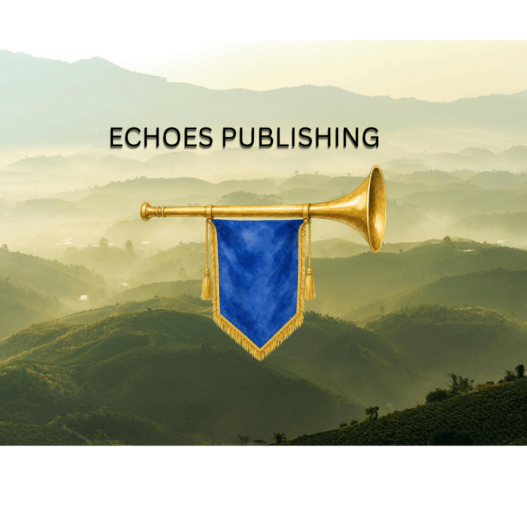 Rolling green hills with image of a golden bugle adorned with a blue banner. Illustrates the theme of the poem. 